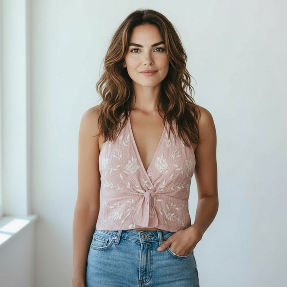Free People Tank Pink Combo boho racerback Coastal Embroidered Camisole XS